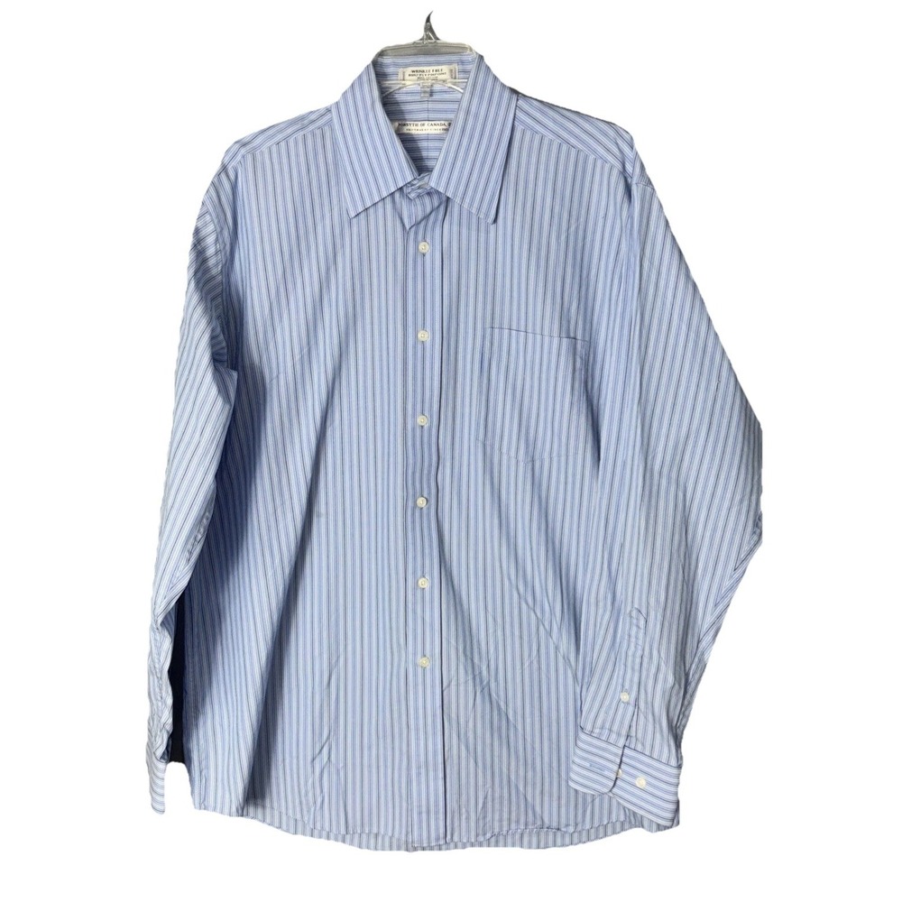 Forsyth of Canada Mens Blue Striped Dress Shirt LS Wrinkle Free Sz 16 34-35